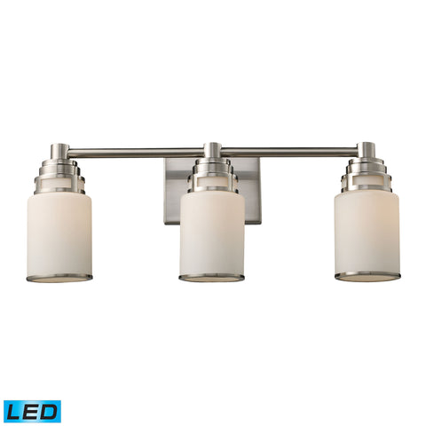 Bryant 3 Light LED Vanity In Satin Nickel And Opal White Glass