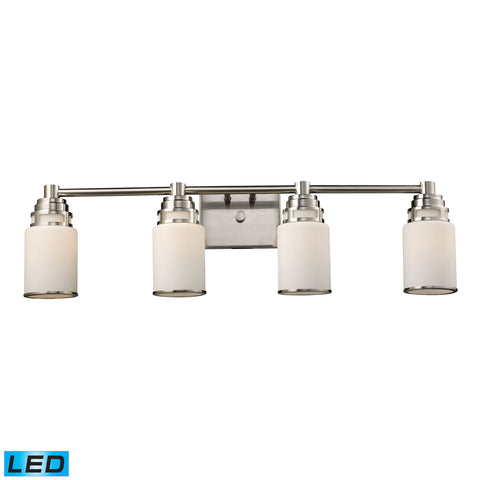 Bryant 4 Light LED Vanity In Satin Nickel And Opal White Glass