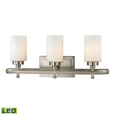 Dawson 3 Light LED Vanity In Brushed Nickel And Opal White Glass