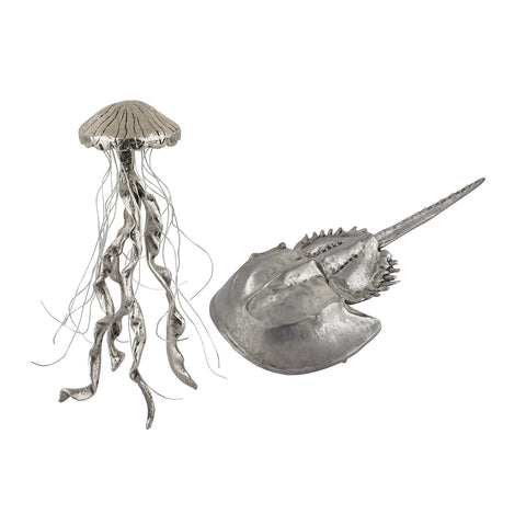 Hand Forged Silver Jelly Fish And Horseshow Crab - Set of 2