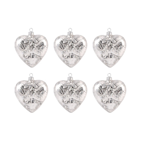 Heart Set of 6 Ornaments In Silver