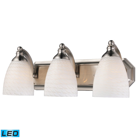 Bath And Spa 3 Light LED Vanity In Satin Nickel And White Swirl Glass