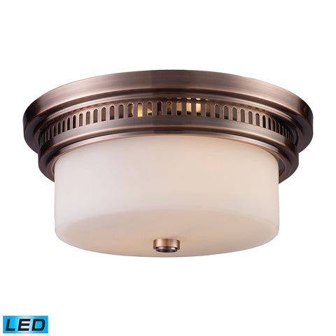 Chadwick 2 Light LED Flushmount In Antique Copper And White Glass