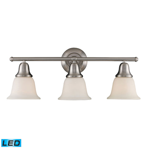 Berwick 3 Light LED Vanity In Brushed Nickel And White Glass