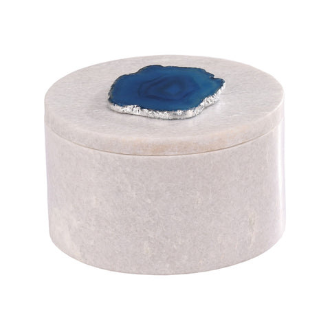 Antilles Round Box In White Marble And Blue Agate