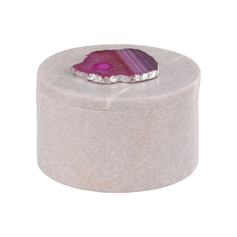 Antilles Round Box In White Marble And Pink Agate